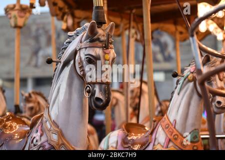 Gros plan sur un cheval de Carousel placé dans le centre de Tirana, en Albanie. Banque D'Images