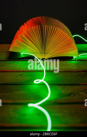 Livre ouvert sur un port de mer la nuit avec un feu vert. Concept: Lecture de romans Fansy la nuit Banque D'Images