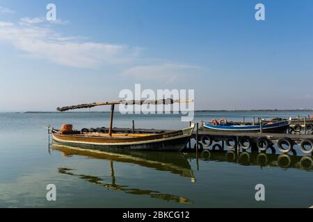 Bateaux de pêche valenciens traditionnels au lac du Parc National d'Albufera, Valence, Espagne Banque D'Images