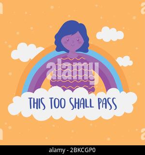les messages de coronavirus, cela aussi doit passer, illustration vectorielle positive de girl rainbow Illustration de Vecteur