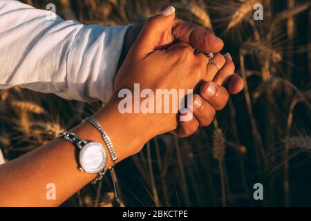 La main mâle rapprochée tient une main femelle dans un champ de blé. Main de femme avec de beaux accessoires et horloge. Mariage. Journée romantique. Jeune couple tenant ha Banque D'Images