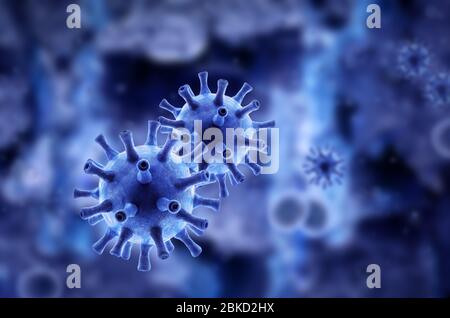 Coronavirus ou germes de la grippe à l'intérieur de la cellule, virus du corona du SRAS-CoV-2 au microscope sur fond bleu, rendu tridimensionnel. Concept de COVID-19 coronavirus pande Banque D'Images