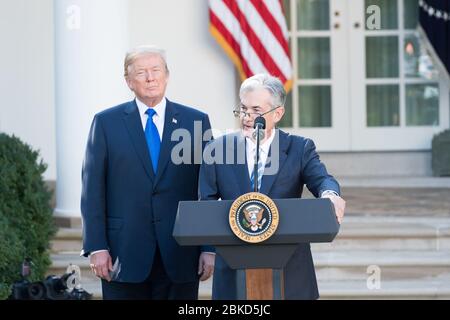 Le 2 novembre 2017, le président Donald J. Trump annonce la nomination de Jerome Powell au poste de président du conseil des gouverneurs de la réserve fédérale. Banque D'Images