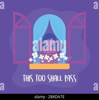 messages de coronavirus, fille dans la fenêtre avec des fleurs, cela aussi doit passer l'illustration vectorielle Illustration de Vecteur