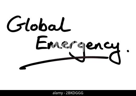 Urgence mondiale manuscrite sur fond blanc. Banque D'Images