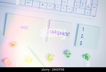 Note écrite montrant la saisie des salaires. Concept d'affaires pour déduire l'argent de la compensation ordonnée par le tribunal plat se pose au-dessus de l'espace de copie vierge sti Banque D'Images