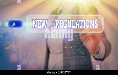 Note écrite montrant les nouvelles réglementations. Concept commercial de réglementation contrôlant l'activité généralement utilisée par les règles. Banque D'Images