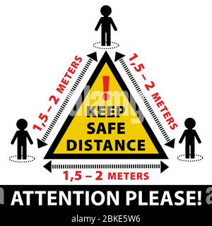 Conserver le symbole de distance. Triangle jaune de danger. Maintenez une distance d'au moins 1 à 2 mètres entre les personnes. Arrêt de la propagation du virus. Signe d'avertissement d'information Illustration de Vecteur