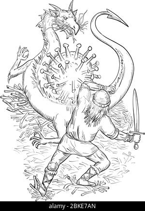 Dessin d'un dessin de style illustration d'un chevalier médiéval courageux luttant contre un dragon agressif en colère protégeant le coronavirus ou la cellule covid-19 sur des whi isolés Illustration de Vecteur