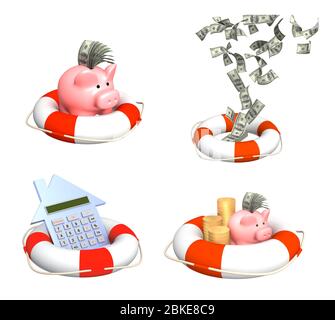 Aide à la récession financière. Piggy Bank, billet de banque en bouée de sauvetage. Aide à la crise financière, aide à survivre. Aide, soutien, survie, investisseurs Banque D'Images