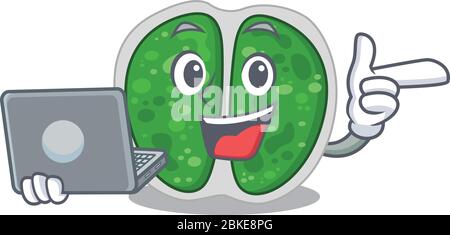 Personnage de dessin animé des bactéries de chromocoques étudiant intelligent étudiant avec un ordinateur portable Illustration de Vecteur