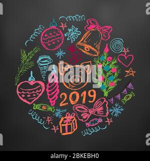 Nouvel an 2019. L'ensemble des éléments de votre créativité pour la nouvelle année. Dessins pour enfants cire crayons sur fond noir. Arbre de Noël, jouets en fourrure, c Illustration de Vecteur