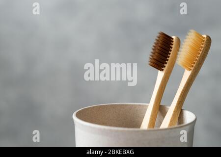 Brosses à dents en bambou écologiques en verre, vue rapprochée. Deux accessoires d'hygiène buccale en bois biodégradable. Zéro déchet, sans plastique, lif durable Banque D'Images