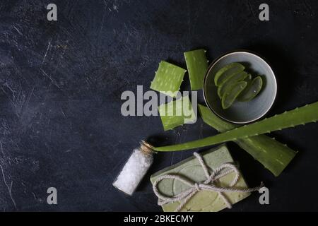 souffleur d'aloe vera frais avec pierres spa sur fond sombre Banque D'Images