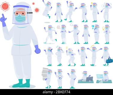 Un ensemble de médecin homme portant une combinaison de protection avec qui expriment diverses émotions.il ya des actions liées aux lieux de travail et les ordinateurs personnels.il est vect Illustration de Vecteur