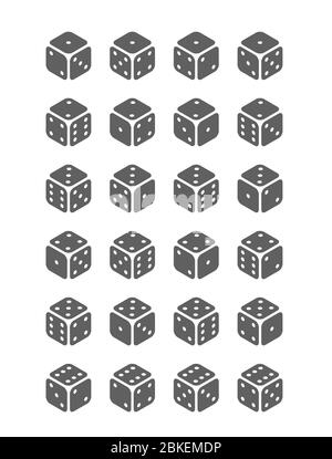 Ensemble de cubes de jeu gris isolés sur fond blanc, tous les dés possibles tournent en vue isométrique Illustration de Vecteur