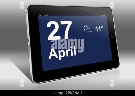 Un ordinateur tablette affiche un calendrier en langue allemande avec la date du 27 avril | Ein Tablet-Computer zeigt das Datum 27. Avril Banque D'Images