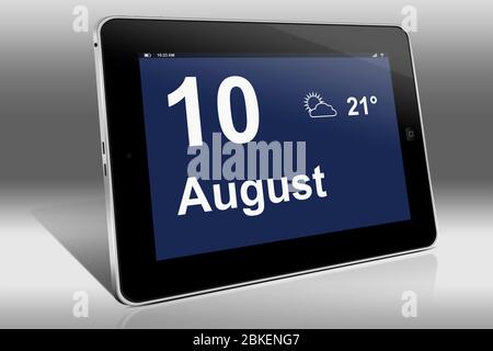 Un ordinateur tablette affiche un calendrier en langue allemande avec la date 10 août | Ein Tablet-Computer zeigt das Datum 10. Août Banque D'Images