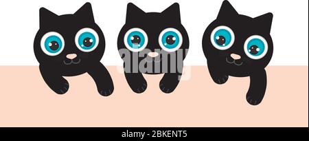 3 chatons noirs ont des yeux bleus. Ils jouent et regardent vers le bas. Il y a un espace orange clair. Graphique clipart pour la mise en ligne ou l'impression. Illustration de Vecteur