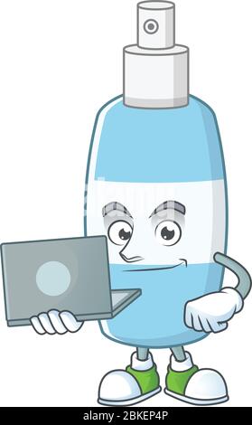 Spray diligent désinfectant pour les mains mascotte style de travail de la maison avec ordinateur portable Illustration de Vecteur