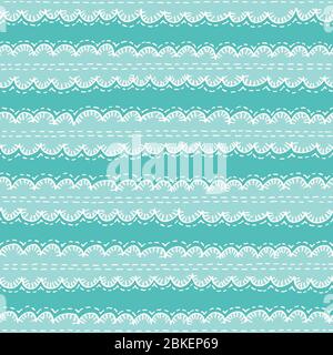 Motif vectoriel sans couture à motif brodé et aiguilles Aqua Boho. Imprimé ruban à coutures en forme de cors et festonné dessinées à la main Illustration de Vecteur