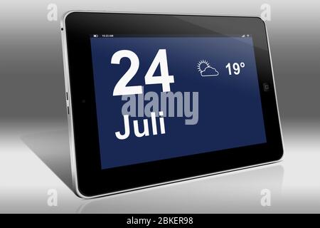 Un ordinateur tablette affiche un calendrier en langue allemande avec la date 24 juillet | Ein Tablet-Computer zeigt das Datum 24. Juli Banque D'Images