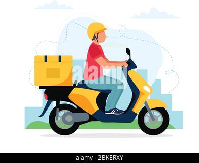 Concept de service de livraison de scooter, scooter de type messagerie mâle avec boîte de livraison. Illustration vectorielle en style plat Illustration de Vecteur