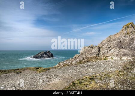 Goose Rock - The Goose - une île rocheuse inhabitée au large de la côte de Pentist point East à Newquay, en Cornwall. Banque D'Images