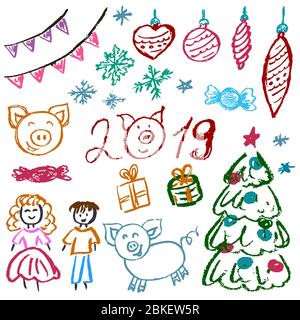Nouvel an 2019. L'ensemble des éléments de votre créativité pour la nouvelle année. Dessins pour enfants de crayons de cire sur fond blanc. Arbre de Noël, jouets en fourrure Illustration de Vecteur