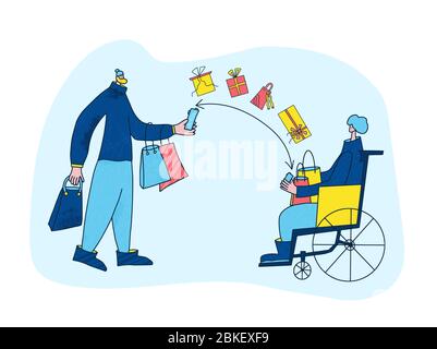 Offrez des cadeaux. Personnage masculin avec sacs à provisions et personne en fauteuil roulant échange de cadeaux numériques et normaux. Les amis se souhaitent de bonnes vacances. Illustration de Vecteur