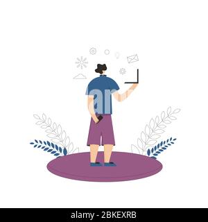 Concept BLeisure. Équilibre entre vie professionnelle et vie privée. Nomade numérique. Vector plat personne vêtue de shorts et de t-shirts avec ordinateur portable en vacances. Adolescent avec téléphone Illustration de Vecteur