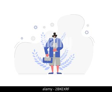 Concept BLeisure. Équilibre entre vie professionnelle et vie privée. Nomade numérique. Personne plate vectorielle avec ordinateur portable et étui. Homme vêtu de shorts et de lunettes de soleil. Illustration de Vecteur