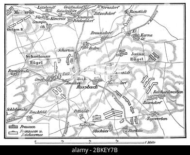 Plan de la bataille de Rossbach près de Reichardtswerben dans l'électorat de Saxe, Saxe-Anhalt aujourd'hui, 5 novembre 1757, ici le roi de Prusse Frederick le Grand défait [3], l'armée française sous le prince de Soubise (1715 à 1787) / Plan der Schlacht bei Roßbach in der Nähe von Reichardtswerben im Kurfürstendamm Sachsen, heute Sachsen-Anhalt, am 5. Novembre 1757, hier besiegte der preußische König Friedrich der Große[3] die französische Armee unter dem Prinzen von Soubise (1715–1787), Historisch, historique, numérique amélioration de la reproduction d'un original du XIXe siècle / numérisation Repor r Banque D'Images