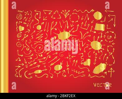 Symbole représentant une flèche or métallique. Formes brillantes avec réflexion sur fond rouge Illustration de Vecteur