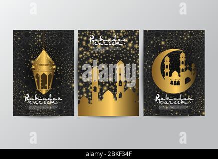 Ensemble de motifs d'invitation Ramadan kareem avec lanterne et mosquée de couleur dorée. Affiche et modèle. Vecteur Illustration de Vecteur