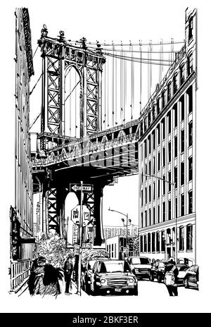 Vue sur le pont de Manhattan depuis brooklyn - illustration vectorielle (idéale pour l'impression sur tissu ou papier, affiche ou papier peint, décoration de maison) Illustration de Vecteur