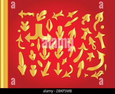 Symbole représentant une flèche or métallique. Formes brillantes avec réflexion sur fond rouge Illustration de Vecteur