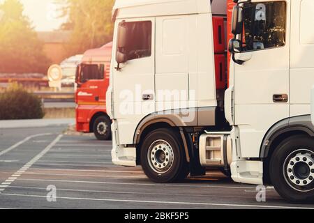 Camions sur camions, les voitures blanches sont stationnées dans le stationnement, prêtes à démarrer la logistique. Banque D'Images