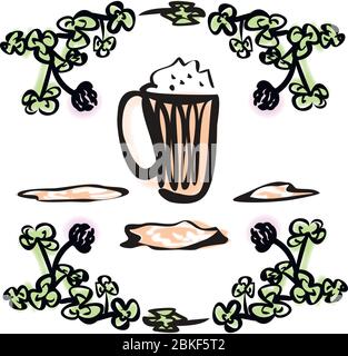 Symboles Saint-Patrick pour les fêtes de fin d'année. Feuille de trèfle verte. Tasse à bière. Bonne Saint Patrick. Illustration vectorielle de Party Design. Saint-Patrick Illustration de Vecteur