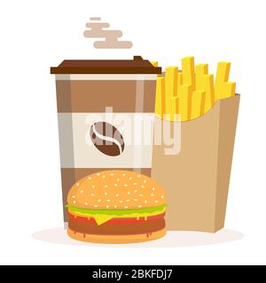 Restauration rapide . Hamburgers Classic pommes de terre de hamburger frites en . Boîte de paquet gobelets en carton blanc pour café boissons gazeuses - emporter poignées sacs pour le déjeuner Illustration de Vecteur