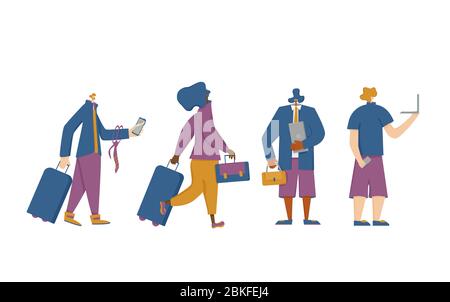 Concept BLeisure. Équilibre entre vie professionnelle et vie privée. Nomades numériques. Les femmes et les hommes qui vont à leur vol avec des bagages. Illustration de Vecteur