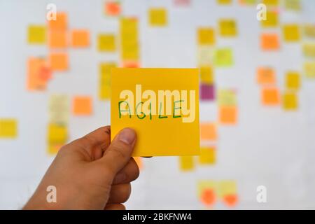 Une main porte un autocollant jaune agile et il y a un conseil Kanban de méthodologie agile sur le fond, qui est une tendance en développement dans ELLE Banque D'Images