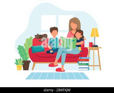 Concept de séjour à la maison. La mère lit aux enfants dans un intérieur moderne et confortable. Illustration vectorielle en style plat Illustration de Vecteur