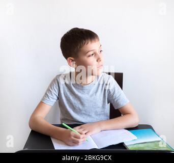 Un écolier étudie à la maison et fait des devoirs à l'école. Un apprentissage à distance à domicile. Banque D'Images