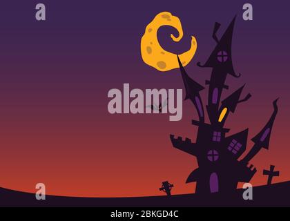 Maison hantée de dessin animé. Soirée d'Halloween avec lune, château, cimetière et beau ciel dégradé Illustration de Vecteur