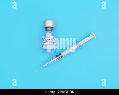 Flacon de vaccin pour COVID-19 ou coronavirus et seringue vu d'en haut sur un fond bleu clair minimaliste - concept de rendu 3d Banque D'Images