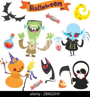 Mignon dessin animé Halloween personnages ensemble illustration. Un macareux, une citrouille, un zombie et un vampire Illustration de Vecteur