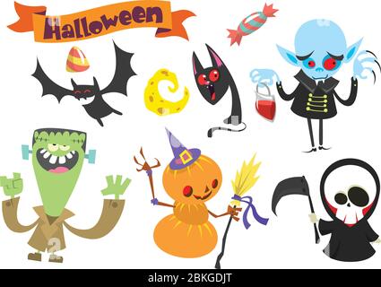 Mignon dessin animé Halloween personnages ensemble illustration Illustration de Vecteur