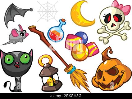 Jeu de symboles Halloween. Chat de sorcière, citrouille, tablier de grim, bâton de broomstick et bonbons. Illustration vectorielle Illustration de Vecteur