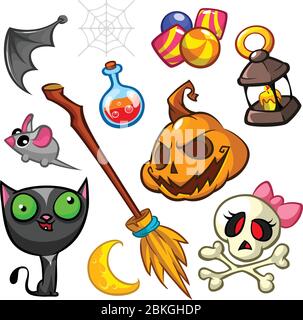 Jeu de symboles Halloween. Chat de sorcière, citrouille, tablier de grim, bâton de broomstick et bonbons. Illustration vectorielle Illustration de Vecteur